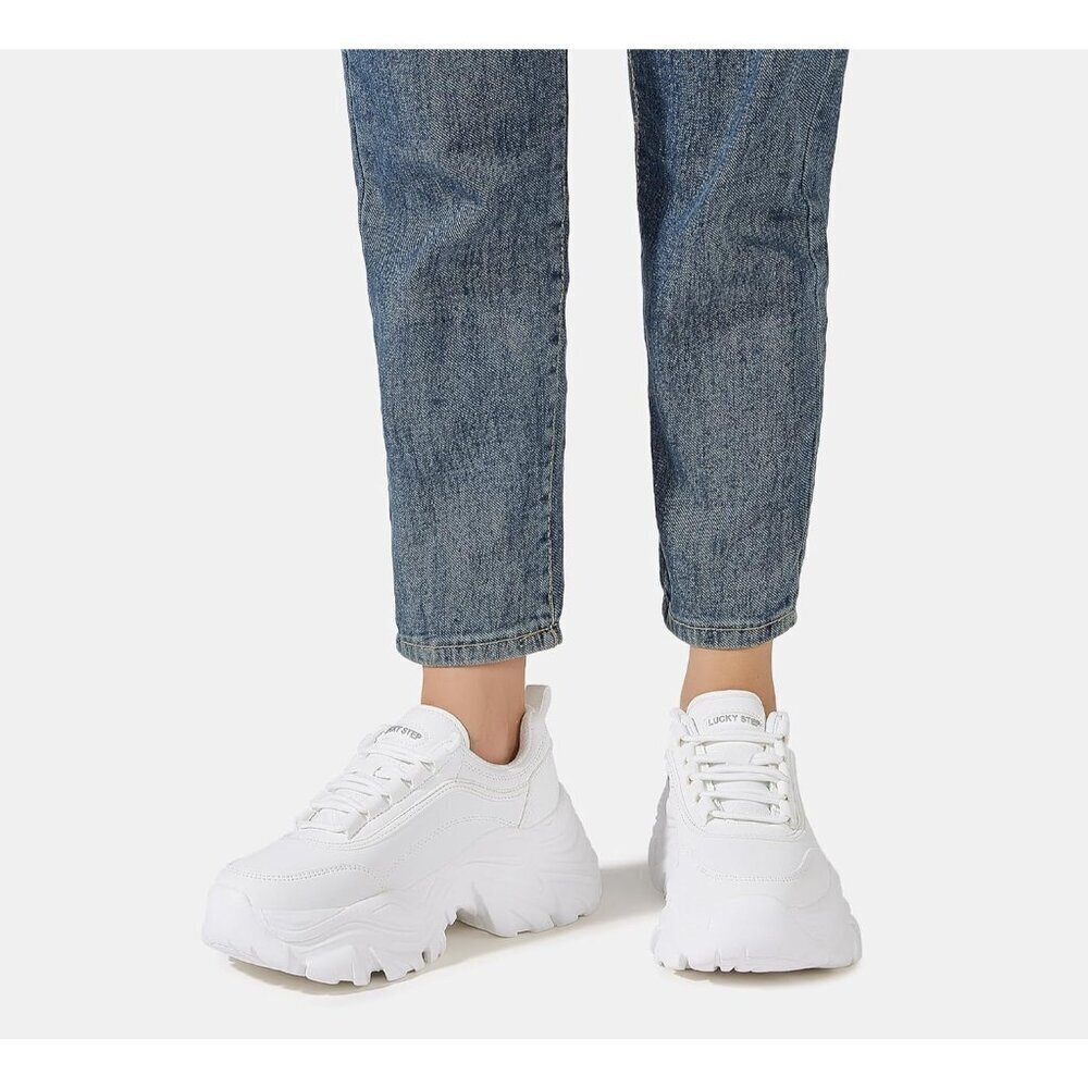 Women's White Chunky Rubber Platform Casual Lace-Up Walking Sneaker Shoes - Picture 7 of 9